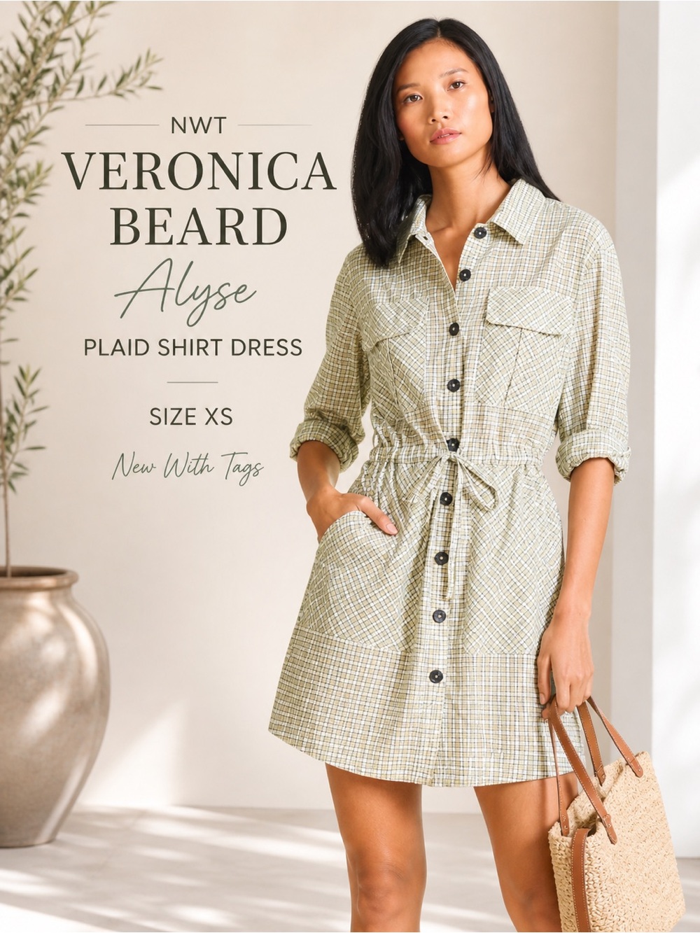 NWT Veronica Beard Jeans Alyse Dress XS Plaid Button Front Mini Shirt Dress